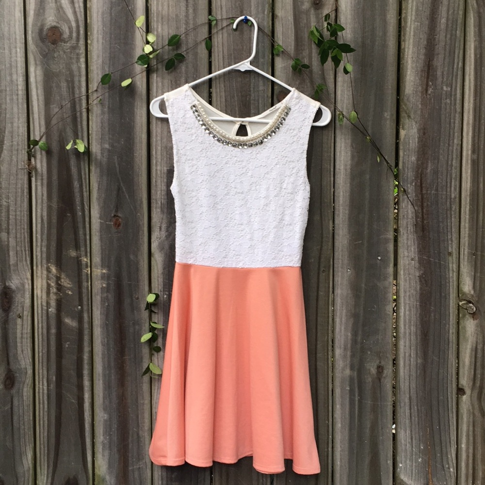 Peach&White Bejeweled Formal Dress
